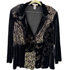 Notations Black Gold Glitter Floral Patch Velvet Single Breasted Blazer Top 1X‎